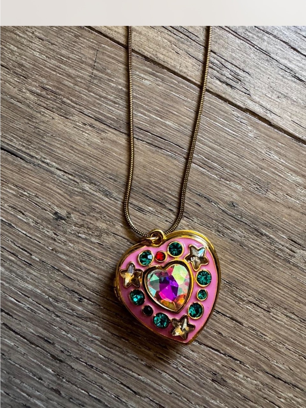 Gold-Tone Pink Heart Locket Necklace with Multicolor Gem Accents